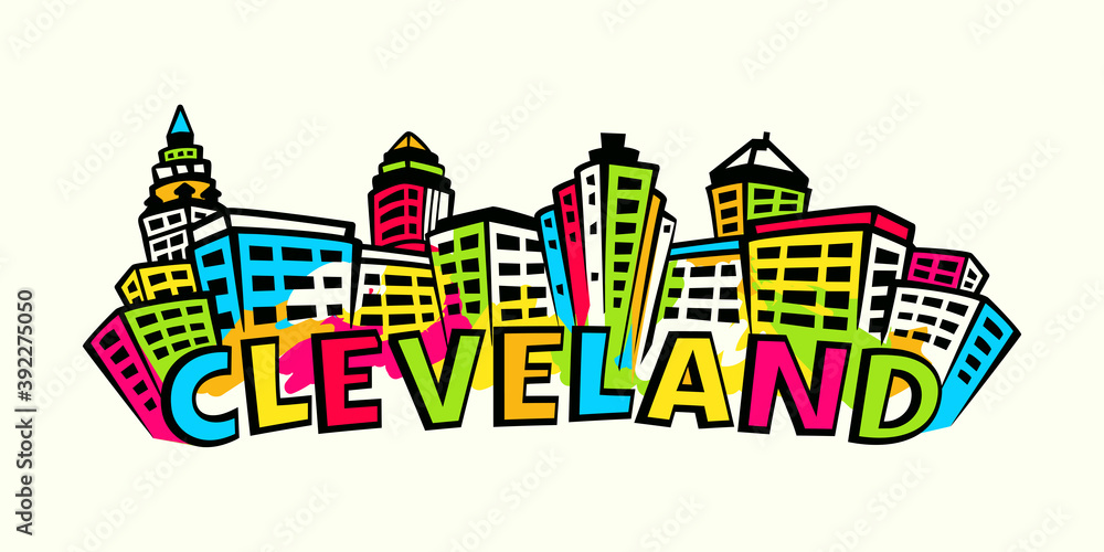 Cleveland Skyline silhouette in bright colors 