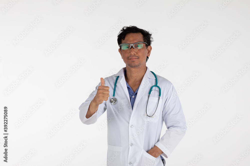 Asian medical doctor wearing gown and stethoscope standing on white background copy space isolated.