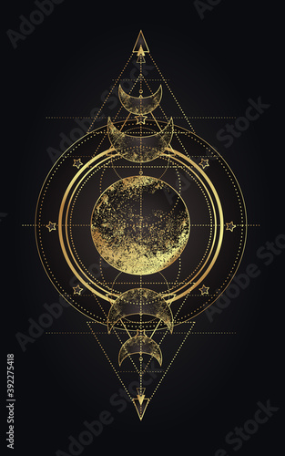 Moon magic. Triple moon pagan Wicca moon goddess symbol. Three-faced Goddess. Maiden, Mother, Crone vector illustration. Tattoo, astrology, alchemy, boho and magic symbol golden over black.