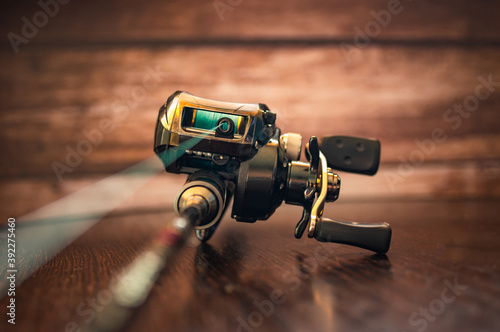 fishing casting reel on a rod