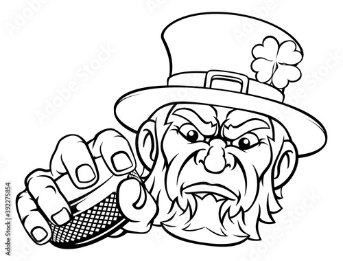A leprechaun ice hockey sports mascot cartoon character holding a puck