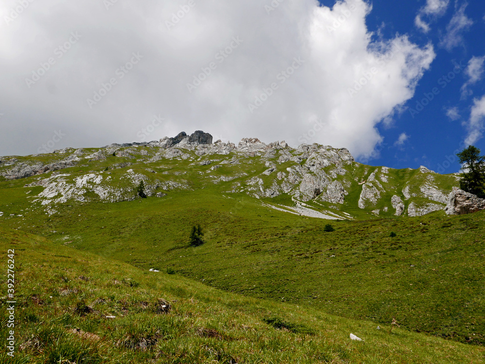 panorama dolomitico montano tra rocce e verdi vallate