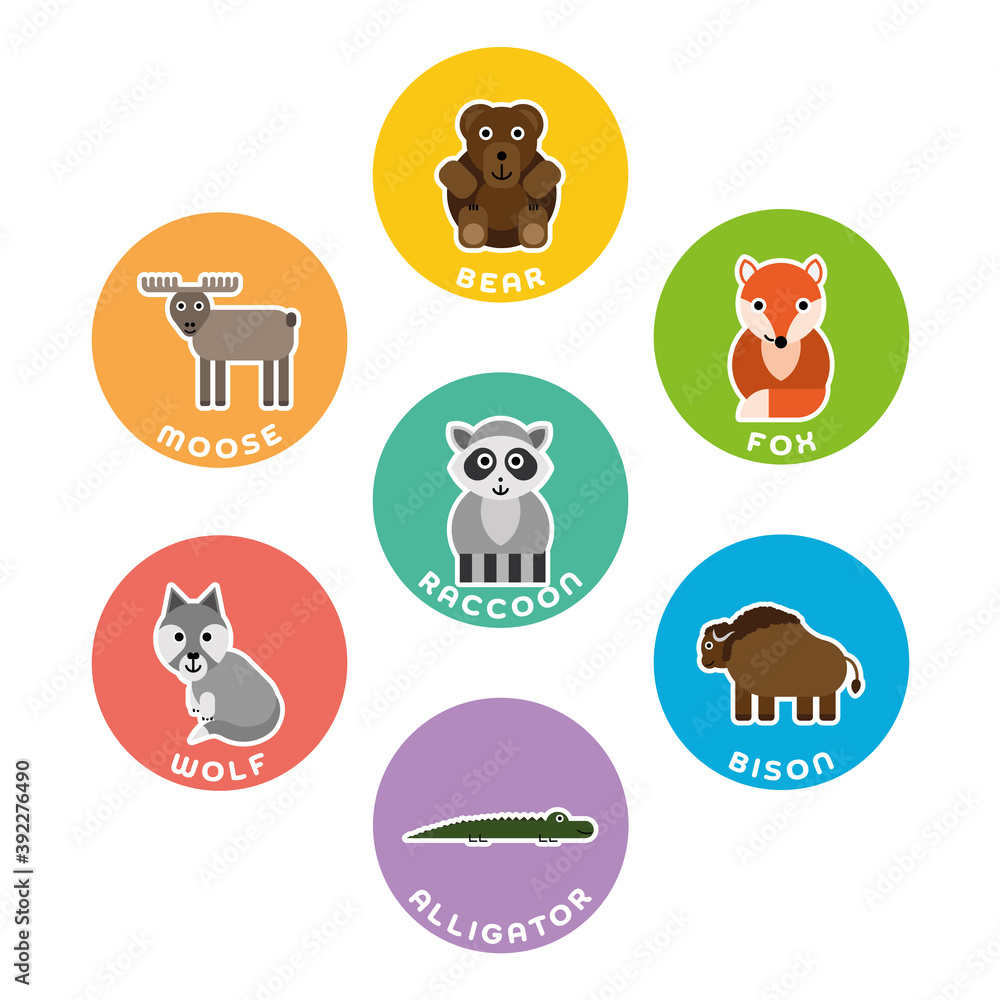 North American wild animals collection. Set of 7 cartoon characters in the  circle with name labels. Vector illustration Stock Vector | Adobe Stock