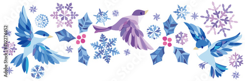 冬　雪の結晶　小鳥フレーム