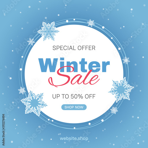 Vector banner template for seasonal winter sale with blue background and snowflakes. Usable for social media posts, web internet ads, flyers. 