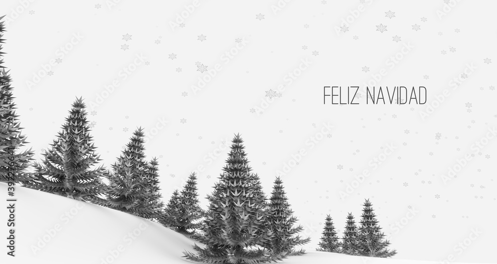 Fototapeta premium Ilustración de un paisaje de árboles estilo abeto en blanco y negro, con nieve y nevando. Mensaje español: feliz navidad