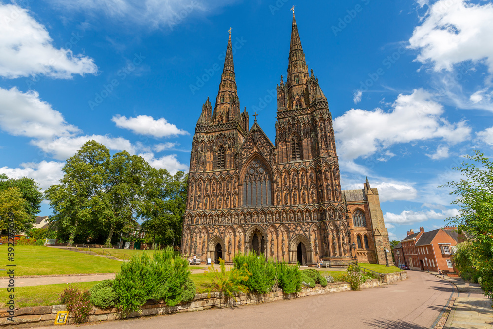 View of Lichfield Cathedral West facade from The Close, Lichfield, Staffordshire View of Lichfield Cathedral West facade from The Close, Lichfield, Staffordshire