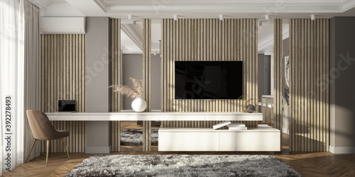 Modern living room contemporary interior design with tv unit. 3d render photo