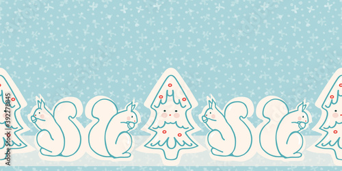 Seamless doodle cute kawaii christmas tree border. Vector hand drawn line art design with squirrel on snowy blue background. Food, packaging, gift wrap. Modern brush design. Perfect for your festive