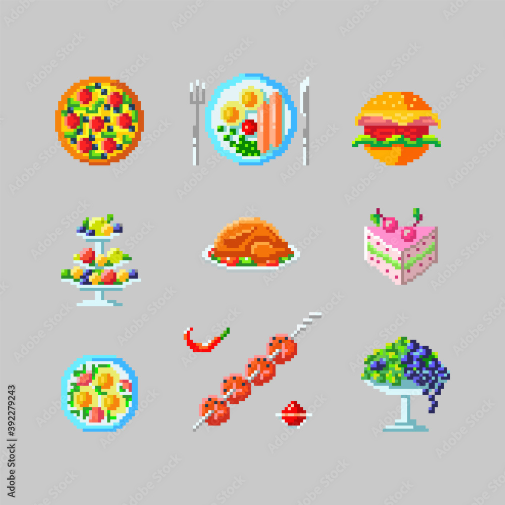 Set of different dishes in pixel art style.