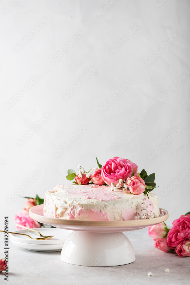 Birthday party concept with rose white cake Birthday party concept with rose white cake