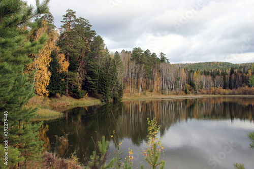 Fototapeta Naklejka Na Ścianę i Meble -  Amazing autumn landscape. Colorful trees on the shore of a forest lake.