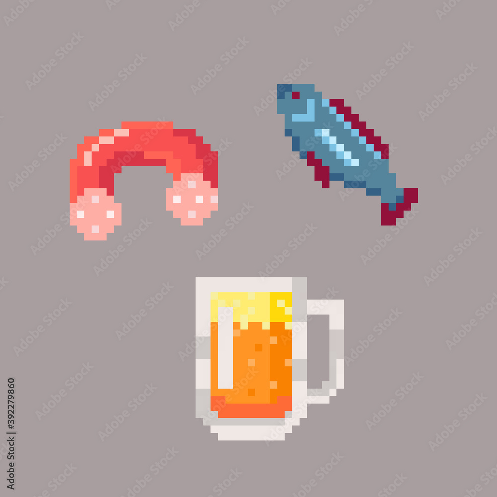 Pixel art mug of beer . Alcohol with snack pixelated icons.