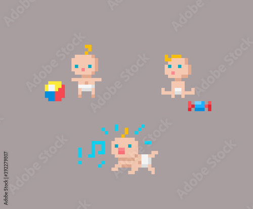 Pixel art baby icons. Cute little child on isolated background.