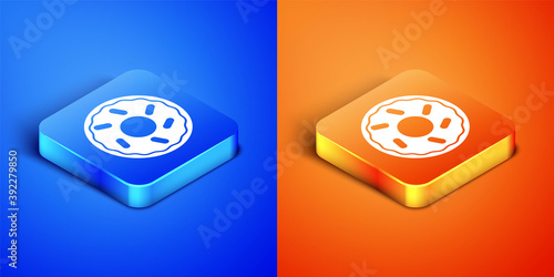 Isometric Donut with sweet glaze icon isolated on blue and orange background. Square button. Vector.