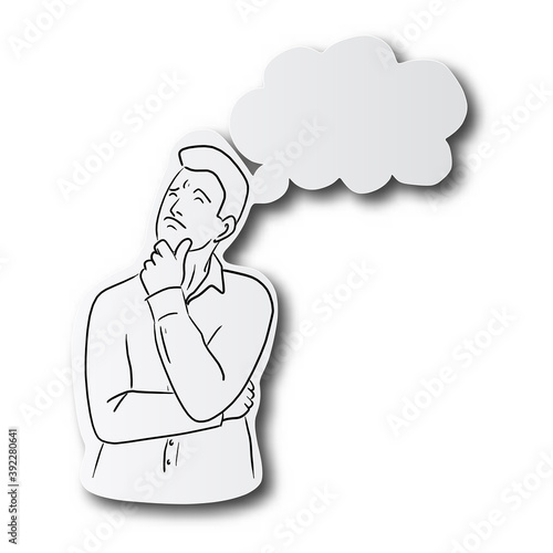 black line hand drawn of young man thinking on speech bubble cut paper with shadow isolated on white background