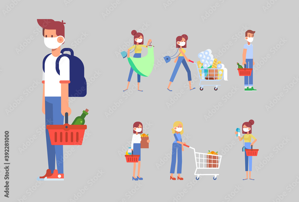 COVID-19. People in face protective masks. Shopping at supermarket. Buyer with shopping cart. Virus prevention, wearing mask, buy foods and supplies. Cartoon characters flat vector set