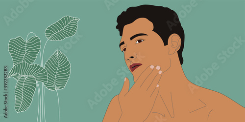 Portrait of young beautiful man. Male touches the hand face after shaving, shower, workout.  Shirtless torso. Male skin care routine. Foliage and portrait. Vector illustration concept.