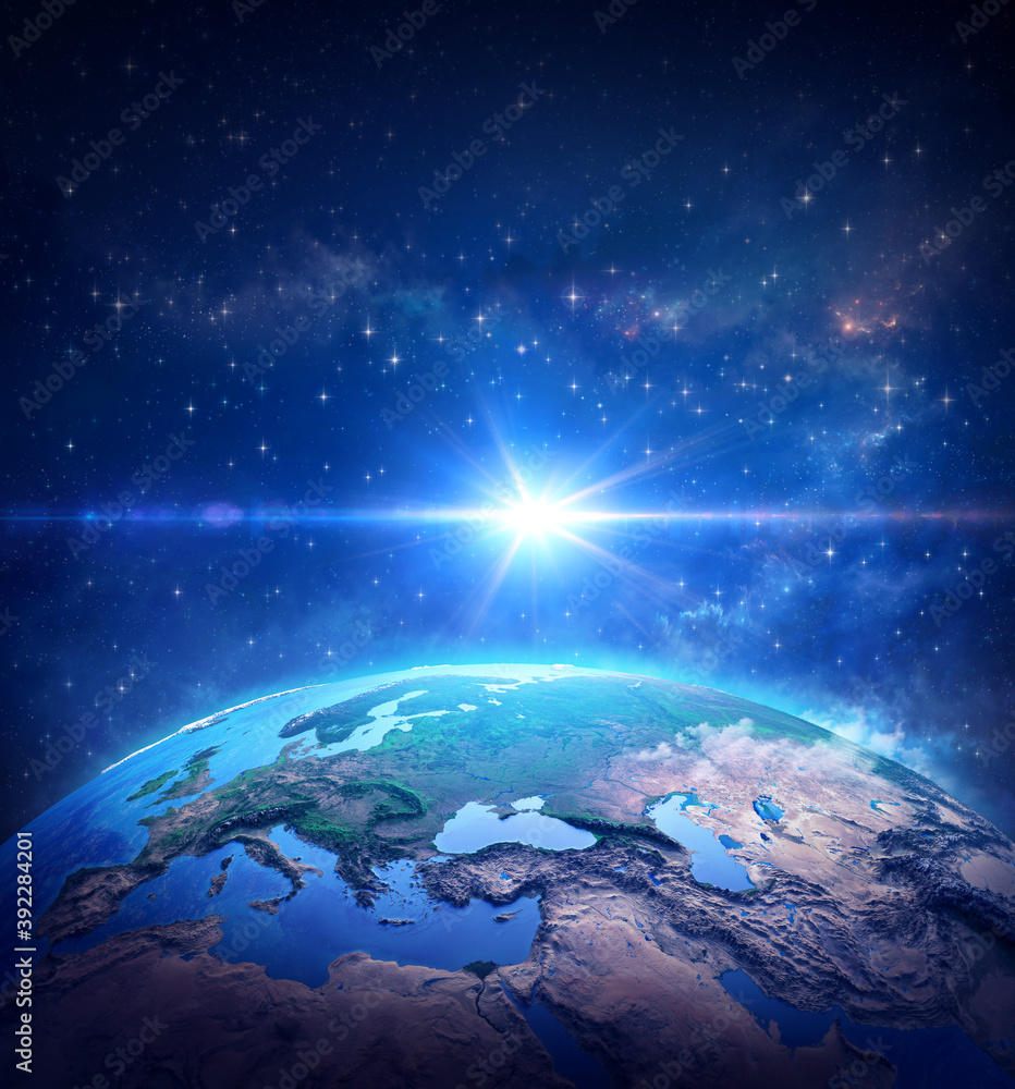 Fototapeta premium Surface of Planet Earth, space view of the World focused on Europe. The blue light of a comet shining into deep space. 3D illustration - Elements of this image furnished by NASA