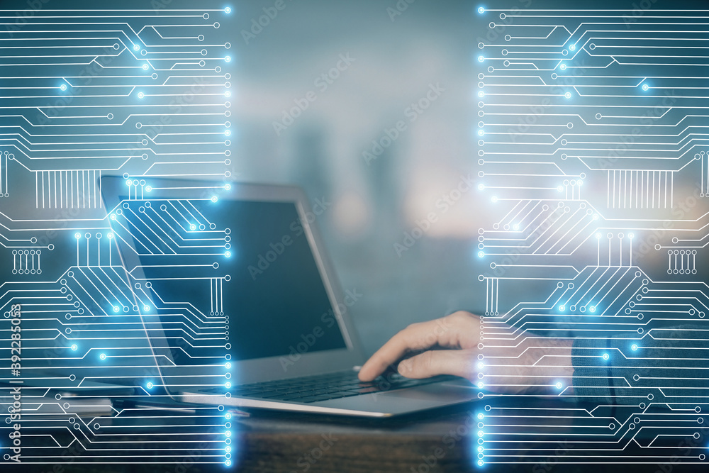 Technology theme hologram with man working on computer on background. High tech concept. Double exposure. Technology theme hologram with man working on computer on background. High tech concept. Double exposure.
