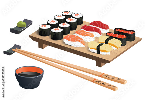 Realistic Japanese sushi with soy sauce, wasabi, and chopsticks isolated on white