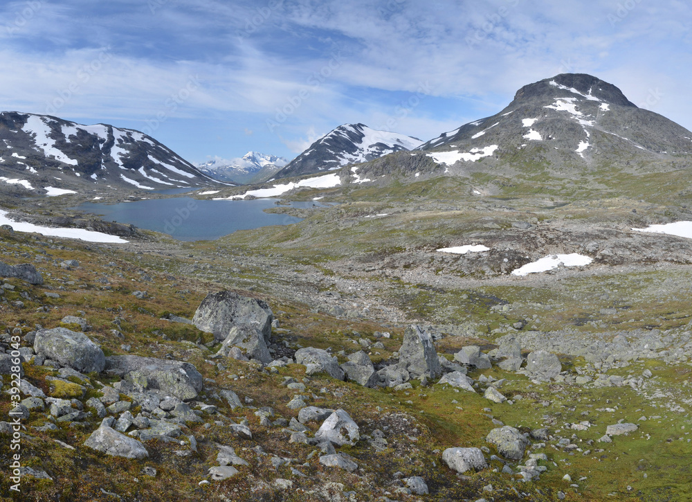 Snowy peakes and lakes of Jotunheimen mountains, Norway