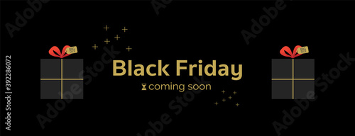 Special of Black Friday 2023 shopping coming soon illustration banner template. Gold luxury text and gift box vector design.