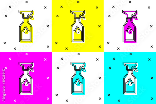 Set Cleaning spray bottle with detergent liquid icon isolated on color background. Vector.
