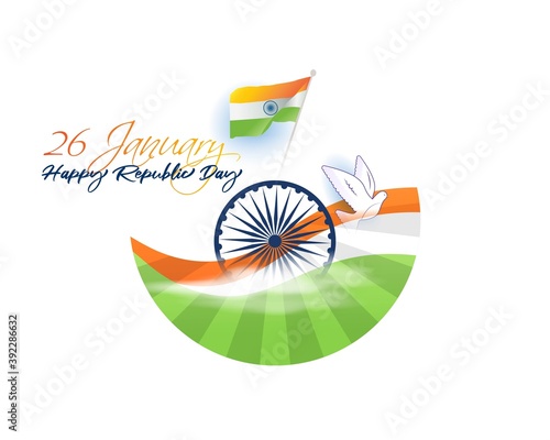 Vector banner of Happy Republic day, 26 january, national holiday of India, Indian flag, ashoka chakra, pigeon, template for website.