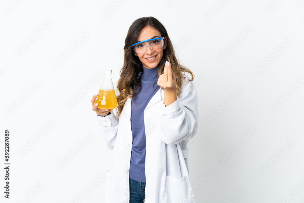 Young scientific woman isolated on white background making money gesture Young scientific woman isolated on white background making money gesture