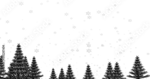 Ilustración de un paisaje de árboles estilo abeto en blanco y negro, con nieve y nevando. Fondo textura