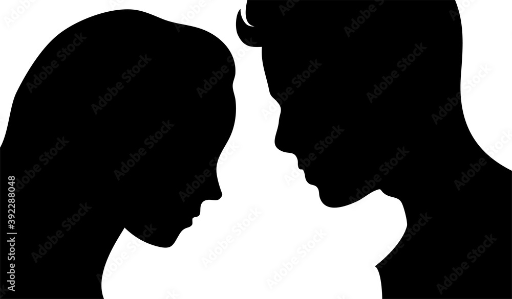 Silhouettes of a young man and a girl on a white background. Face in profile. Couple in love. Vector illustration.