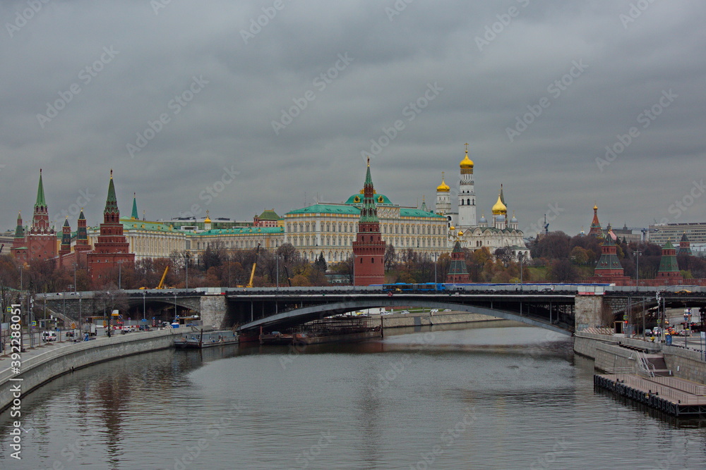 View of the Moscow Kremlin from the Patriarchal Bridge, Russia.