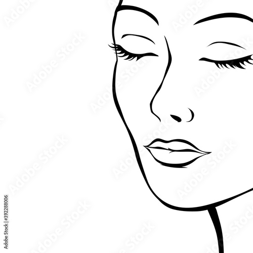 Beautiful girl with closed eyes. Pop art portrait of a woman. Vector black and white illustration for the design of a beauty and fashion salon.