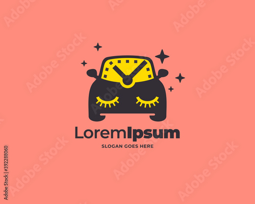 Sleepy funny car character logo template. Cute car design vector