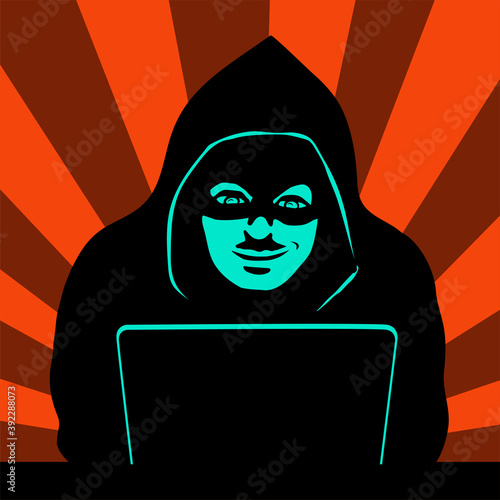 Male hacker at a laptop. Black silhouette with a closed face. Cyber attack. Vector illustration.