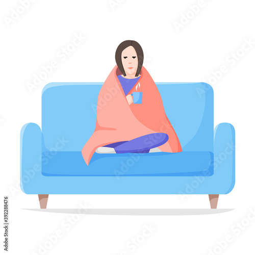 Sad alone woman sitting wrapped blanket on sofa. Depressed and tired girl with hot drink. Self isolation concept. Flat style vector.