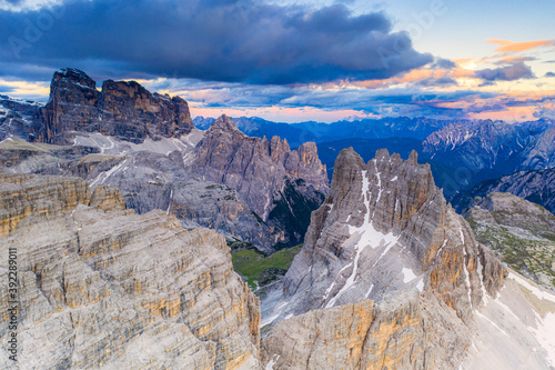 Croda dei Toni, Cima dell'Agnello and Campanili del Marden after sunset, aerial view, Dolomites, South Tyrol/Veneto, Italy photo