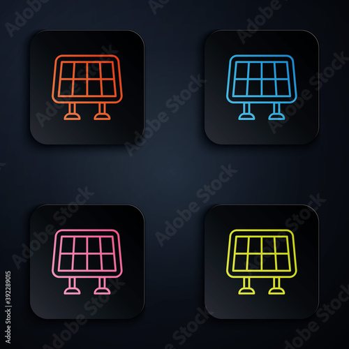 Color neon line Solar energy panel icon isolated on black background. Set icons in square buttons. Vector.