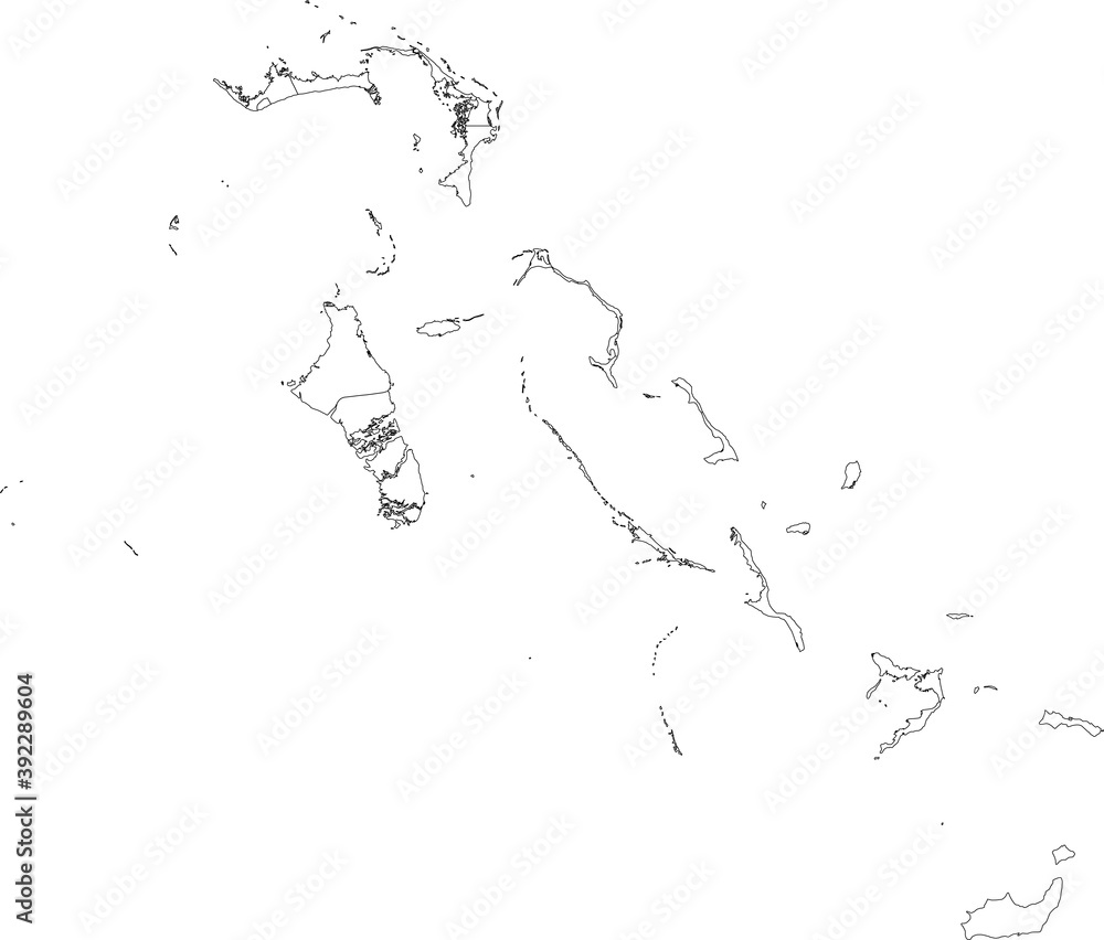 White vector map of the commonwealth of The Bahamas with black borders of it's districts