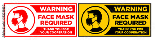 Warning sign Face mask required. Infection preventive measure sticker on entrance door. Horizontal warning signage for restaurant, cafe and retail business. Vector on transparent background