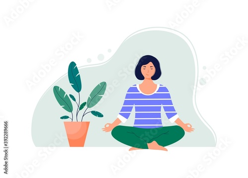 Young woman meditates in lotus position with closed eyes. Happy woman sits cross-legged practicing yoga. Relaxed person enjoying leisure. Cute vector illustration in flat style.