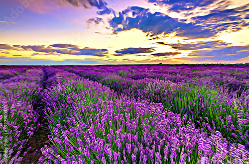 Beautiful lavender field sunset landscape - digital art