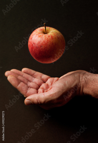Quadro su tela Hand with red apple hovering in front of dark background