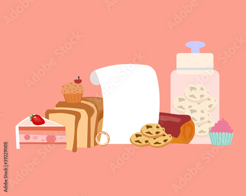 Confectionery stacked side by side and a sheet with recipe, vector graphics