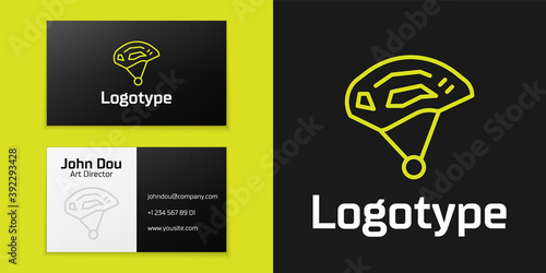 Logotype line Bicycle helmet icon isolated on black background. Extreme sport. Sport equipment. Logo design template element. Vector.