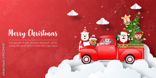 Merry Christmas and Happy New Year, Christmas banner postcard of Santa Claus and friends with red car