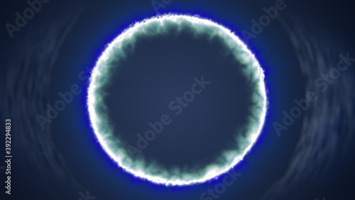3d rendering of abstract techno background with spirals and rays with glowing particles.