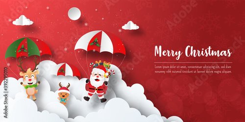 Merry Christmas and Happy New Year, Christmas banner postcard of Santa Claus and friends make a parachute jump