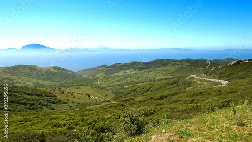 Aerial view of the Strait of Gibraltar and the Mediterranean sea. Atlas mountains of Africa in the background